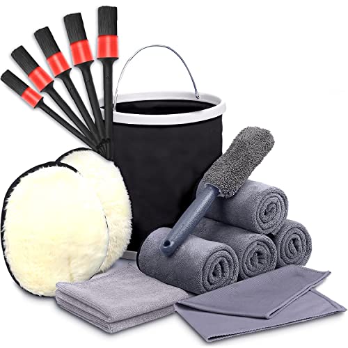 LuxDee 洗車用品 17点 洗車セット 使用説明書付 [ 拭き上げ用 マイクロファイバークロス 4枚 洗車ブラシ 豚毛 5本 ムートングローブ 2個 ワックスクロス 2枚 窓ガラス用クロス 1枚 バケツ ホイールブラシ 1本 ] (バケツ付き, グレー)